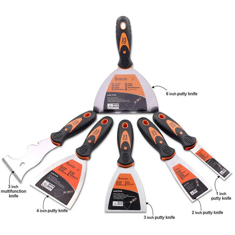 Six Pack Putty Knife Set With Multifunction Scraper Painters Knife For Drywall Taping Pro Grip Handle Stainless Steel Rust Resistant Non Slip TPR Comfort Grip