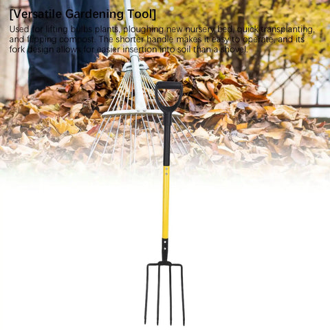 46 Inch Four Tines Pitch Fork With Y Grip Handle, Heavy Duty Iron Garden Spading Fork for Digging in front of autumn leaves pile