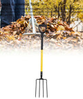 46 Inch 4 Tines Digging Fork With Y Shaped Handle For Gardening And Composting Heavy Duty Iron Pitch Fork displayed vertically