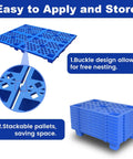 Six Pack Blue Plastic Pallets With Hollow Grid Surface For Ventilated Moisture Proof Storage Lightweight Built To Last Polyethylene Nestable And Spliceable Floor Pallets For Indoor Outdoor Garage Or Warehouse Use stacked