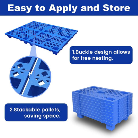 Six Pack Blue Plastic Pallets With Hollow Grid Surface For Ventilated Moisture Proof Storage Lightweight Built To Last Polyethylene Nestable And Spliceable Floor Pallets For Indoor Outdoor Garage Or Warehouse Use stacked