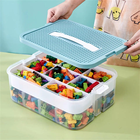 Slick 3 Tier Stackable Brick Storage Organizer With Removable Grid Trays For Lego Pieces, open with colorful bricks inside.