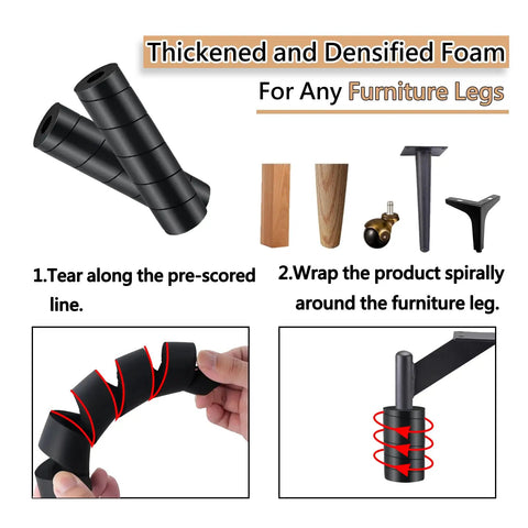 Easy Peasy Bed Frame Toe Protectors Spiral Foam Leg Covers shown in use on various furniture legs with step-by-step instructions.