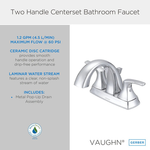 Two Handle Centerset Lavatory Faucet With Metal Pop Up Drain Drip Free Ceramic Disc Cartridge For Smooth Turn Easy Install Durable Finish Modern Bathroom Sink Fixture in chrome with dual handles displayed front view