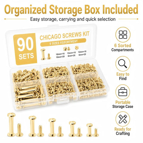 Solid Chicago Screw Assortment Kit With 90 Complete Sets Across 6 Essential Sizes M5 Binding Posts And Rugged Carbon Steel Hardware in organized storage box.