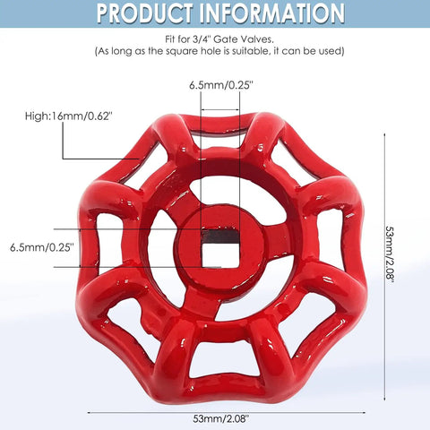 Two Pack Replacement Gate Valve Handwheel Round Wheel Handle For Three Quarters Inch Gate Valves Fifty Three Millimeter Outer Diameter Square Hole Six Point Five By Six Point Five Millimeter Iron Construction With Rust Resistant Paint For DIY Repair