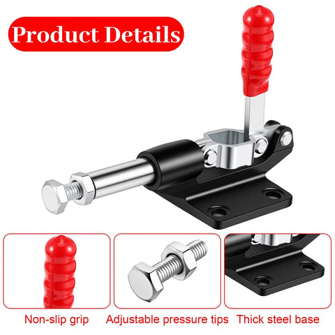4 Pack Push Pull Toggle Clamps Delivering Badass 500 Lb Holding Power With Quick Release Stroke Action Heavy Duty Professional Grade For Woodworking And Welding Projects close-up view of toggle clamp with non-slip grip handle and adjustable pressure tip