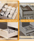 Undermount Soft Close Drawer Slides With Full Extension, 100 Pound Capacity, showing hidden and visible side-mount options for cabinets.