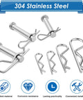 Durable Cotter Pin Kit With 300-Piece 304 Stainless Steel R Clips, 7 Sizes displayed on white background with features