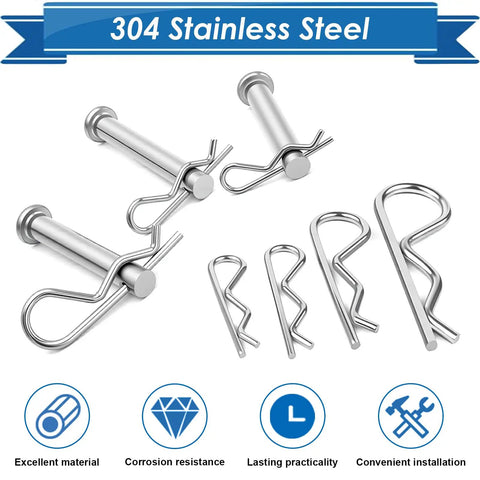 Durable Cotter Pin Kit With 300-Piece 304 Stainless Steel R Clips, 7 Sizes displayed on white background with features