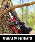 Person using the Six Inch Mini Cordless Chainsaw Kit with Brushless 20V Power PWR CORE 20 for pruning a tree branch outdoors.