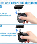 5-pack 2-inch rubber office chair casters with universal stems; step-by-step install showing removing old casters and inserting stems.