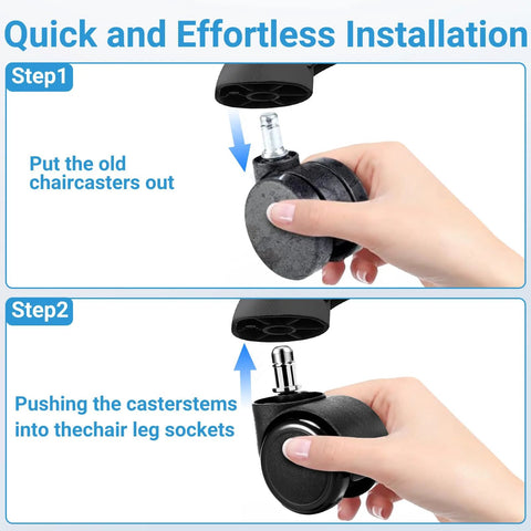 5-pack 2-inch rubber office chair casters with universal stems; step-by-step install showing removing old casters and inserting stems.