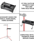 Universal Bike Repair Stand Tool Tray with 27 Tool Slots, magnetic parts tray, phone holder, hooks, installed on stand