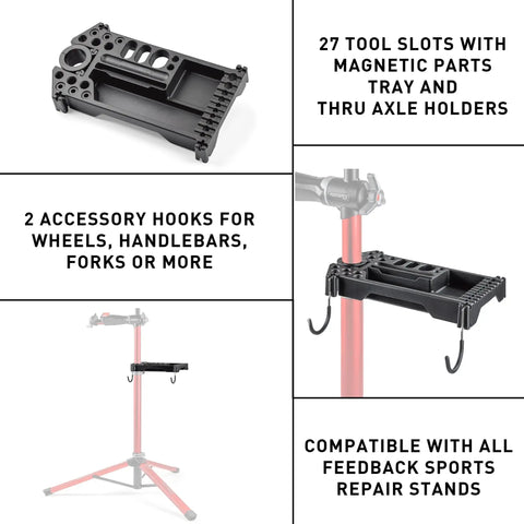 Universal Bike Repair Stand Tool Tray with 27 Tool Slots, magnetic parts tray, phone holder, hooks, installed on stand