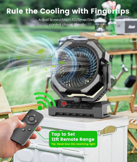 Camping Misting Fan With 24000mAh Battery, 9oz Water Tank, Built In Light, Hook Mount, Rechargeable Portable Cooling Fan On The Go in outdoor setting