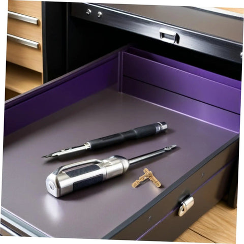 Open drawer showing Brass Barrel Hinges For Jewelry Boxes Concealed Hidden Cylinder Hardware with tools for installation.