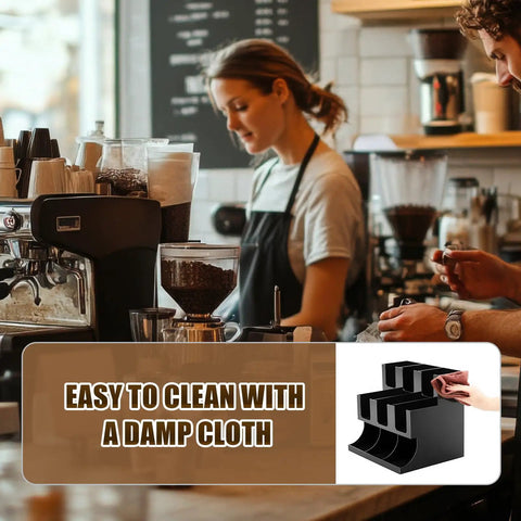 Cup And Condiment Station Organizer For Coffee Bar, Acrylic Dispenser With Nine Compartments, black, in use at a café.