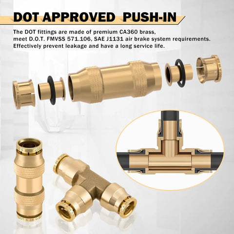Brass DOT Air Line Fittings Kit 35 Piece Set For Air Brake System showing DOT-approved push-in connectors and tee unions