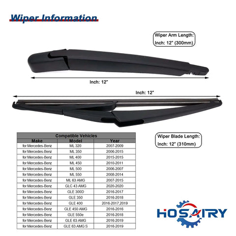 Rear Wiper Arm Blade Set For Mercedes Benz GLE Class And ML SUVs Easy Install 12 Inch Replacement Wiper Arm And Blade Assembly