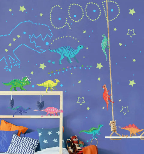 Glow In The Dark Dinosaur Wall Decals For Boys Room Pack Of 652 Pcs Dinosaur Wall Stickers With Green Dinosaurs Stars And Dots