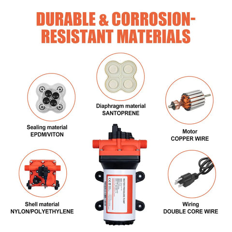 On Demand 110V Water Pressure Pump 5.5 GPM 70 PSI Self Priming Diaphragm Pump components and materials