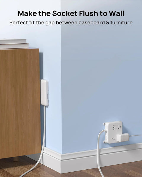 Flat Plug Power Strip With USB Ports And 3 Widely Spaced Outlets, Wall Mountable behind furniture, 5ft Extension Cord, White