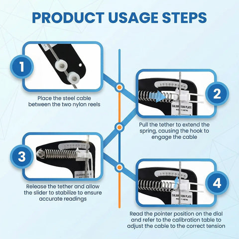 PT-1 Professional Hands-Free Sailboat Rigging Tension Gauge step-by-step use on wire rope, nylon reels, spring, and dial