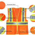 Top Shelf Unisex Mesh High Visibility Reflective Safety Vest In Bright Orange With Dead Simple Zipper And Spacious Pockets For Cycling Commuting And All Day Hustle Wear, showcasing breathable mesh and reflective strips.