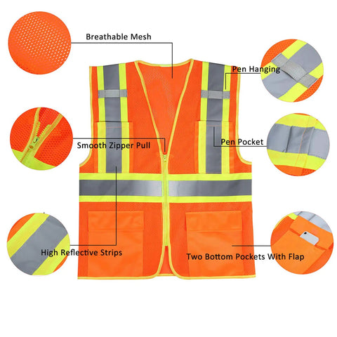 Top Shelf Unisex Mesh High Visibility Reflective Safety Vest In Bright Orange With Dead Simple Zipper And Spacious Pockets For Cycling Commuting And All Day Hustle Wear, showcasing breathable mesh and reflective strips.