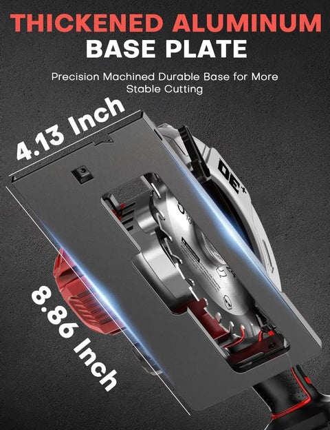 Thickened aluminum base plate of Six Inch Cordless Mini Circular Saw With Brushless Motor And 5900 RPM Blade compatible with Milwaukee M18 Battery.