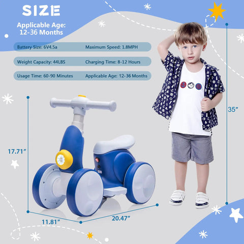 6V Electric Baby Balance Bike With Bubble Machine next to toddler showing size and dimensions for 12-36 month kids