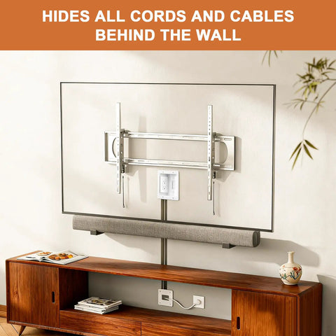 In-Wall Cable Management Kit For TV Mounts, Hidden Recessed Outlet Box, 9Ft Power Cord, showing neat cable installation