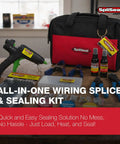 Pro Grade Wiring Splice And Sealing Kit With 80W Glue Gun Crimper And Sealant Sticks Wire Stripper For Automotive Marine Trailer ATV UTV Wire Repair Waterproof Connector System displayed with kit bag and tools.
