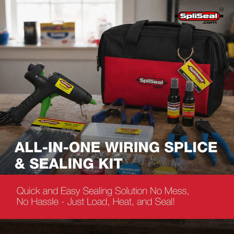 Pro Grade Wiring Splice And Sealing Kit With 80W Glue Gun Crimper And Sealant Sticks Wire Stripper For Automotive Marine Trailer ATV UTV Wire Repair Waterproof Connector System displayed with kit bag and tools.