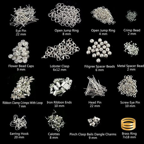 All In One Jewelry Making Kit With Fifteen Jewelry Findings, includes eye pins, jump rings, crimp beads, brass ring, and more.
