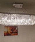 Ultra Modern Crystal Chandelier With Rectangle Raindrop Design, sleek chrome flush mount, diamond droplets, 31.5x10x9 in, ceiling view