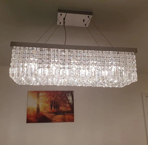 Ultra Modern Crystal Chandelier With Rectangle Raindrop Design, sleek chrome flush mount, diamond droplets, 31.5x10x9 in, ceiling view