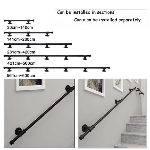 Built Like A Tank Wall Mount Handrail Stair Railing Bracket Complete Black Wrought Iron Kit showing various length options for installation.