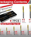 7 Piece Spiral Point Tap Set M2 to M6 Titanium Coated High Speed Steel 6542 includes seven taps in packaging