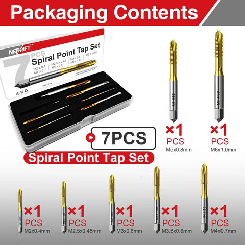 7 Piece Spiral Point Tap Set M2 to M6 Titanium Coated High Speed Steel 6542 includes seven taps in packaging