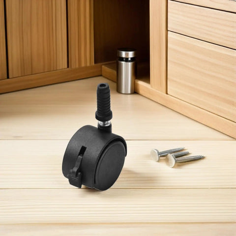 Swivel Caster Wheels 4pcs Inch with Brake for Furniture and Chairs on wooden floor, showcasing black design and screws nearby.