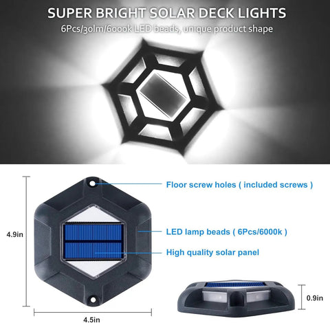 Diagram showing Solar Dock And Path Lights Eight Pack Outdoor LED Yard Lighting with 6 LEDs per light, focusing on design and size.