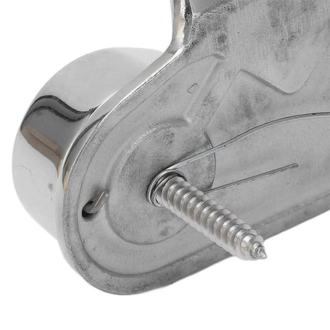 Close-up view of Marine Grade 316 Stainless Steel Cam Cleat, shows metal finish and screw, for 3 to 15mm ropes on sailboats, kayaks, canoes, dinghies.