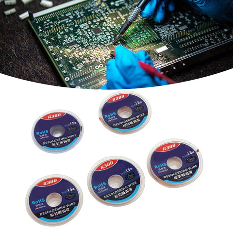 Pro Grade Desoldering Wick Copper Solder Removal Tool 5 Pack shown with PCB repair and electronics maintenance use