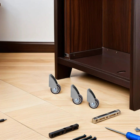 Fixed Caster Wheels Inch 6pcs Rubber for Furniture and Carts on wooden floor next to a cabinet, showcasing their design.