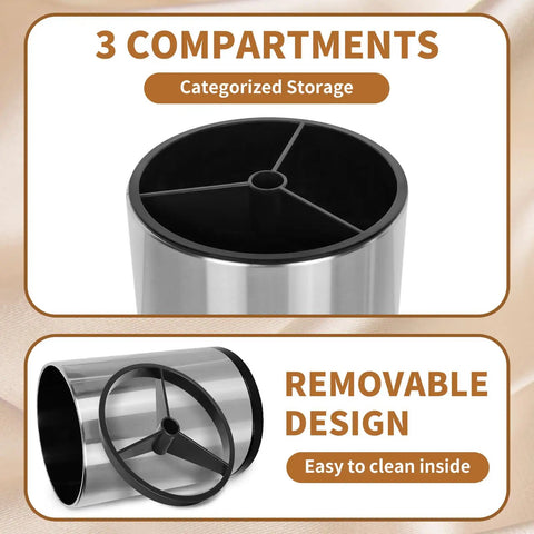 Extra Large Stainless Steel Rotating Utensil Holder For Countertop with three compartment design and removable base