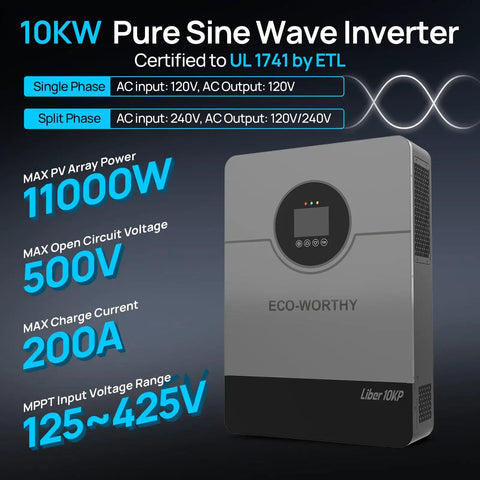Rock Solid 10KW Off Grid Solar Kit With Split Phase Inverter 5310W PV Panels And 20Kwh Battery Bank, showing 10KW pure sine wave inverter details.