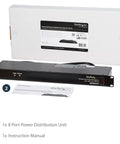8 Outlet 1U Rack Mount PDU Power Strip With 6 Foot Cord 120V 15A Surge Protected For Network And Server Racks Horizontal 19 Inch Mount Must Have Cable Management Durable Plug And Play Accessory, box and manual