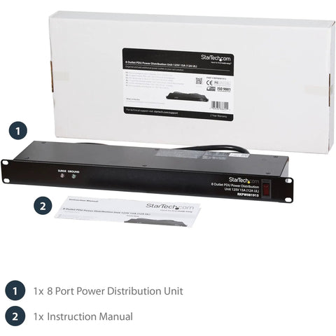 8 Outlet 1U Rack Mount PDU Power Strip With 6 Foot Cord 120V 15A Surge Protected For Network And Server Racks Horizontal 19 Inch Mount Must Have Cable Management Durable Plug And Play Accessory, box and manual